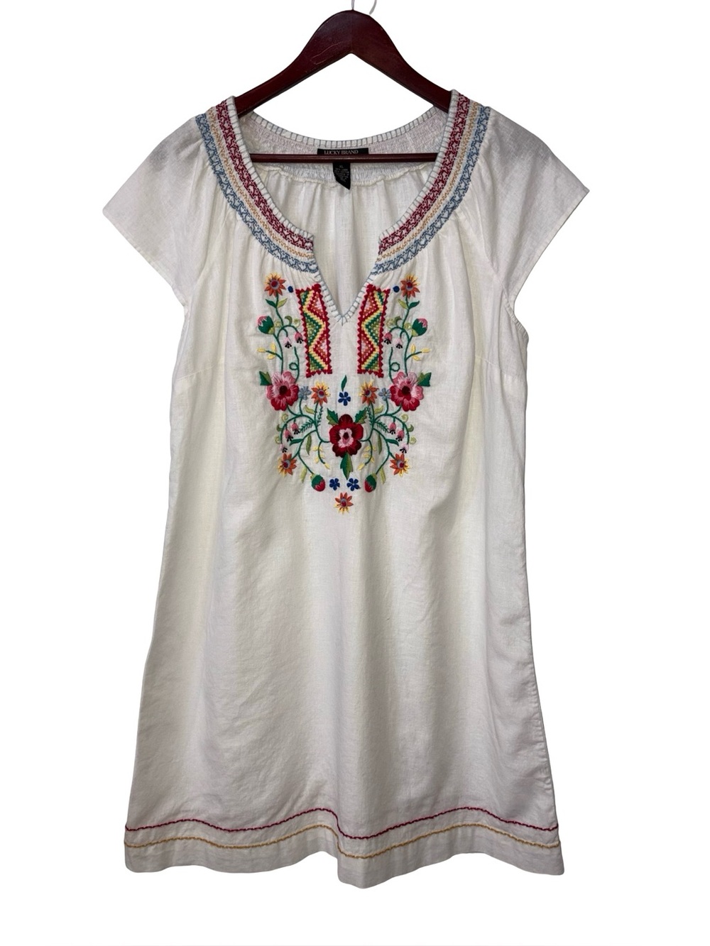 Lucky Brand XL White Embroidered Floral Peasant Dress Boho Tunic Mini